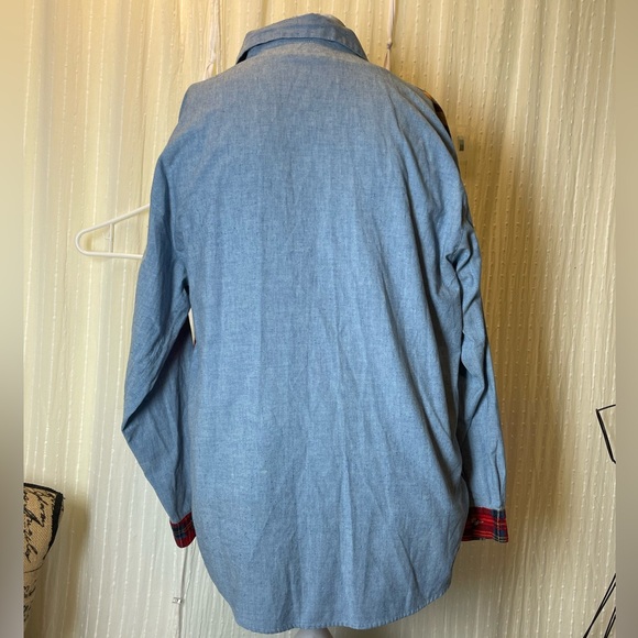 Colorful yellow orange red Plaid flannel on chambray blue Button Down Shirt M - Picture 3 of 5